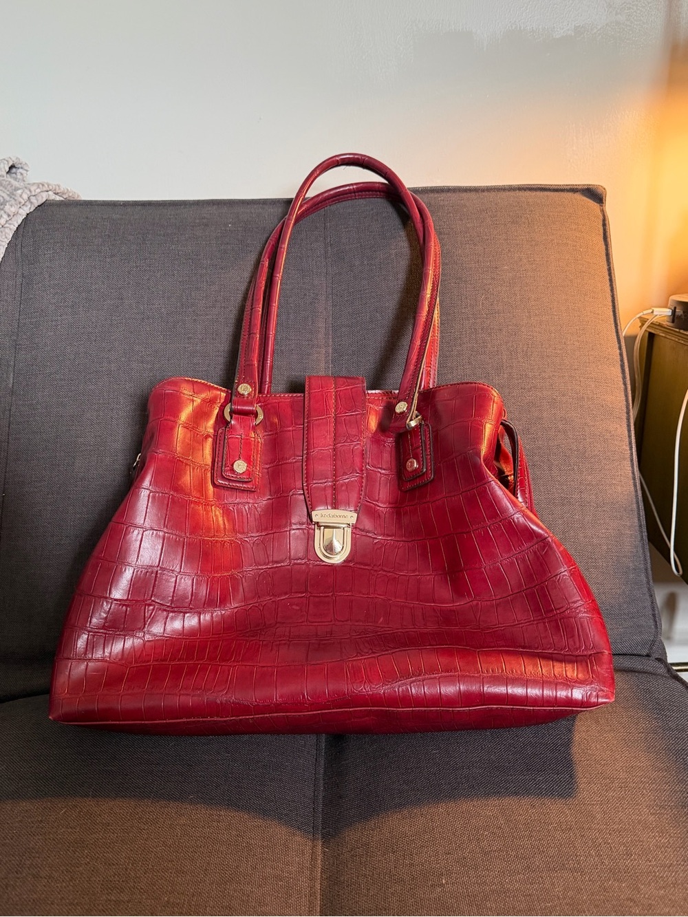 Liz Claiborne Red Crocodile Leather Tote Bag with Gold Hardware